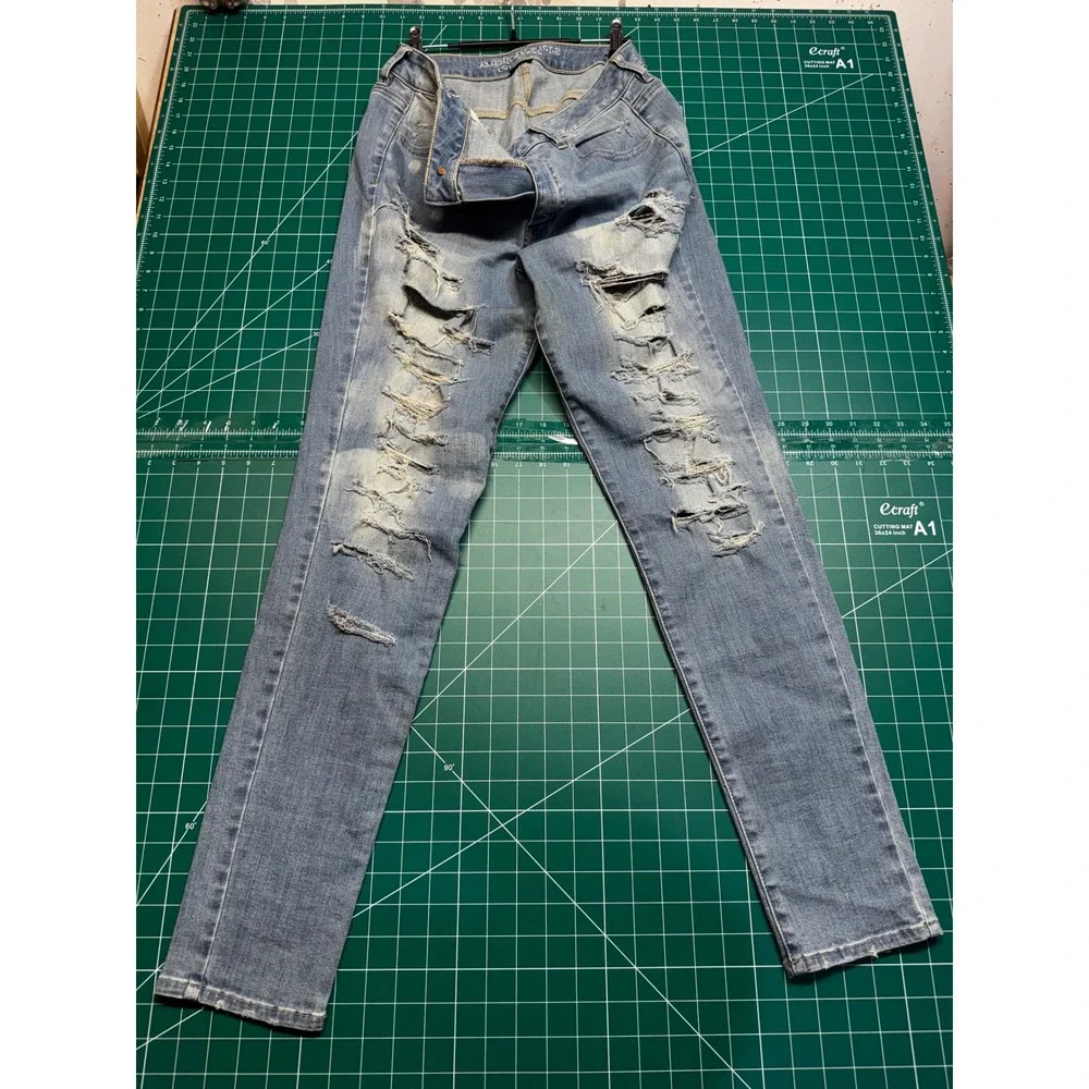 American Eagle Hi-Rise Jegging 14 Long Distressed Ripped Jeans Super Stretch